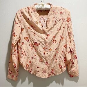 FOUNDRAE Women’s Peach Floral Silk Button Up Ruffle Hem Long Sleeve Blouse Sz 4